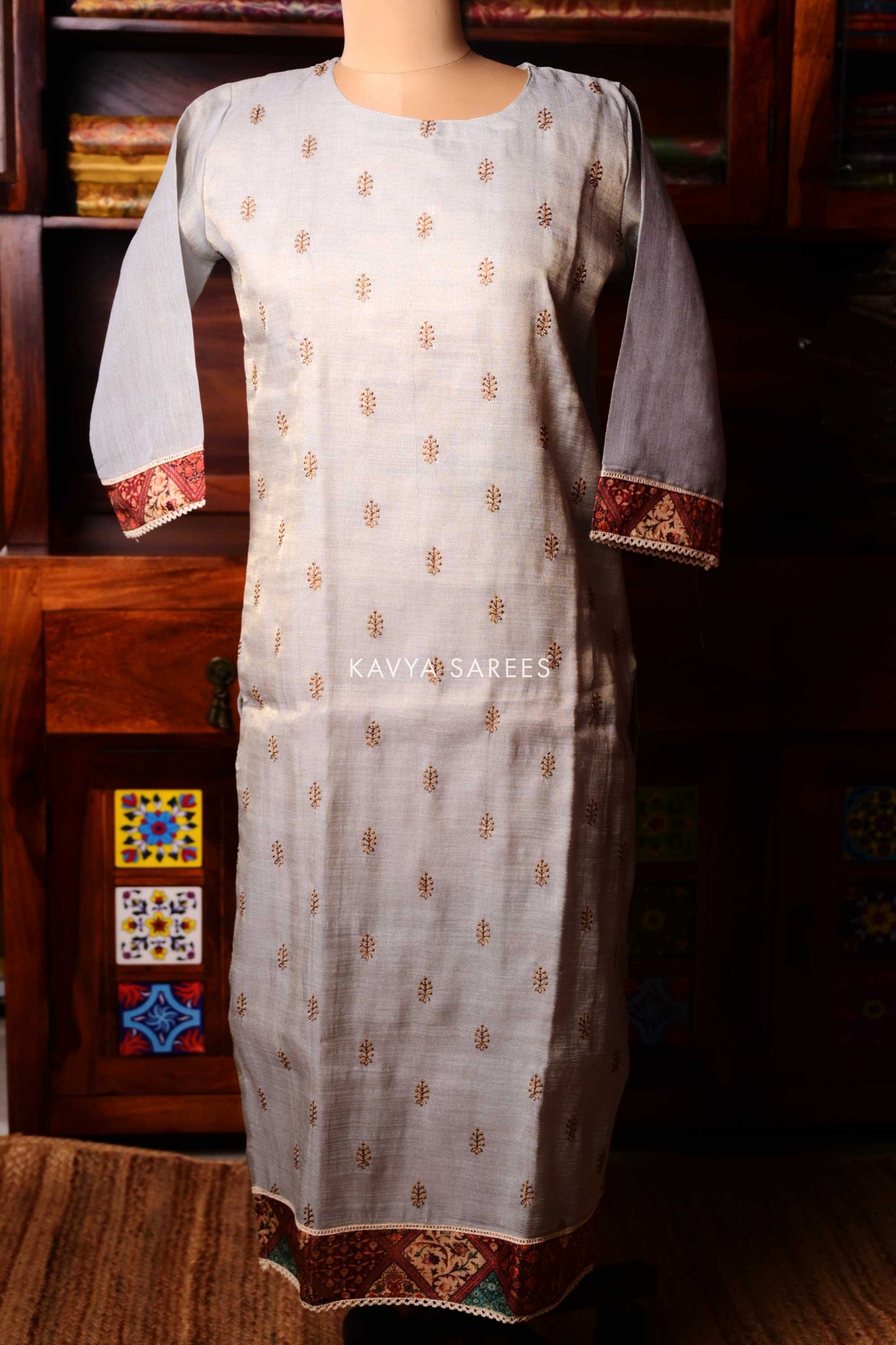 Elegant Grey Embroidered Kurti Set with Printed Dupatta