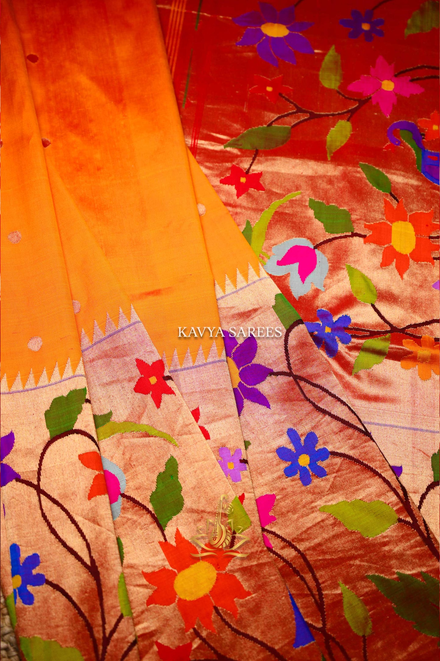 Pure Paithani Silk Saree – Mustard Orange with Multicolor Peacock Floral Pallu