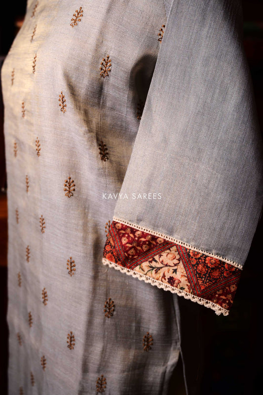 Elegant Grey Embroidered Kurti Set with Printed Dupatta
