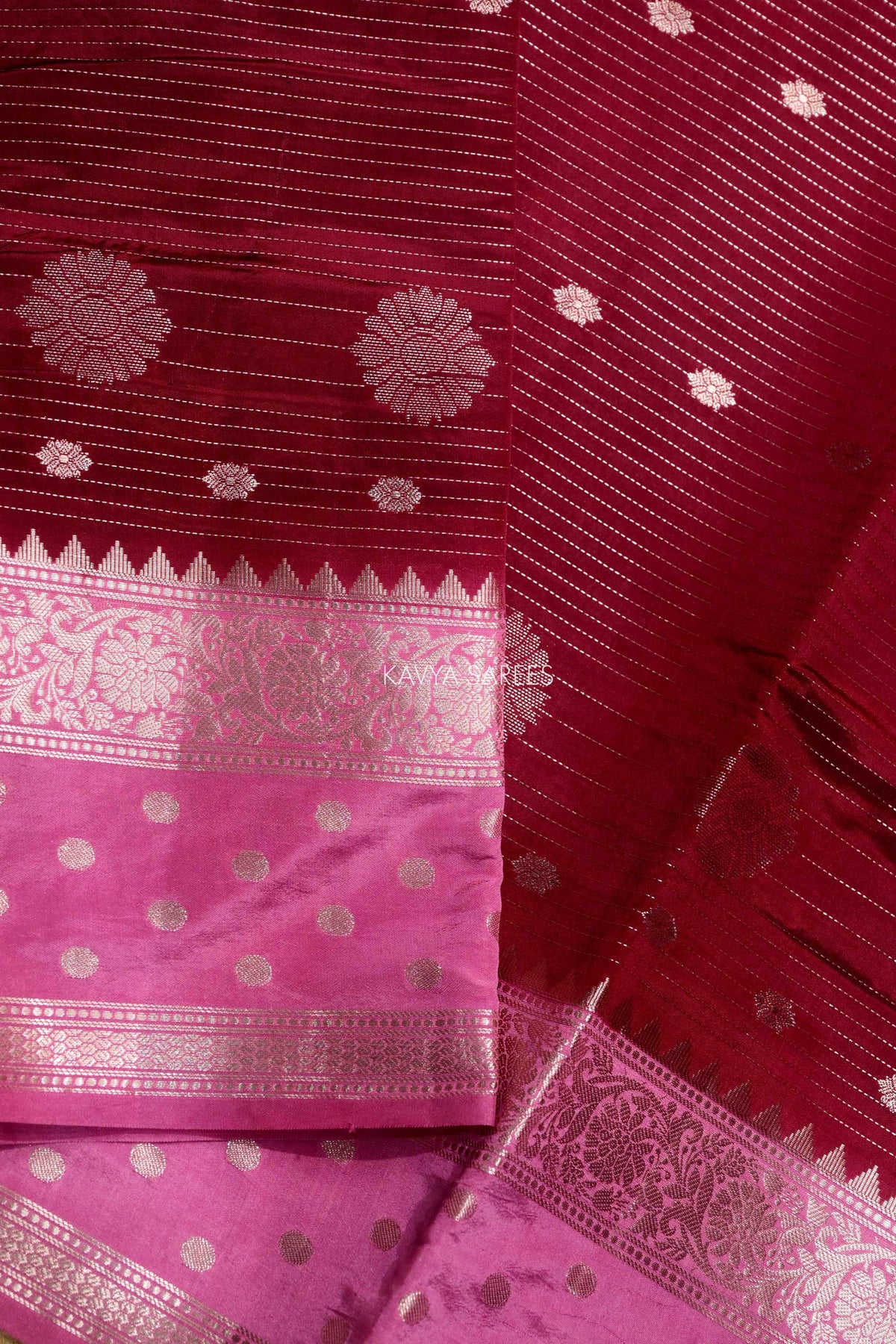 Maroon Semi Raw Silk Saree with Silver Floral Zari Motifs & Rich Border