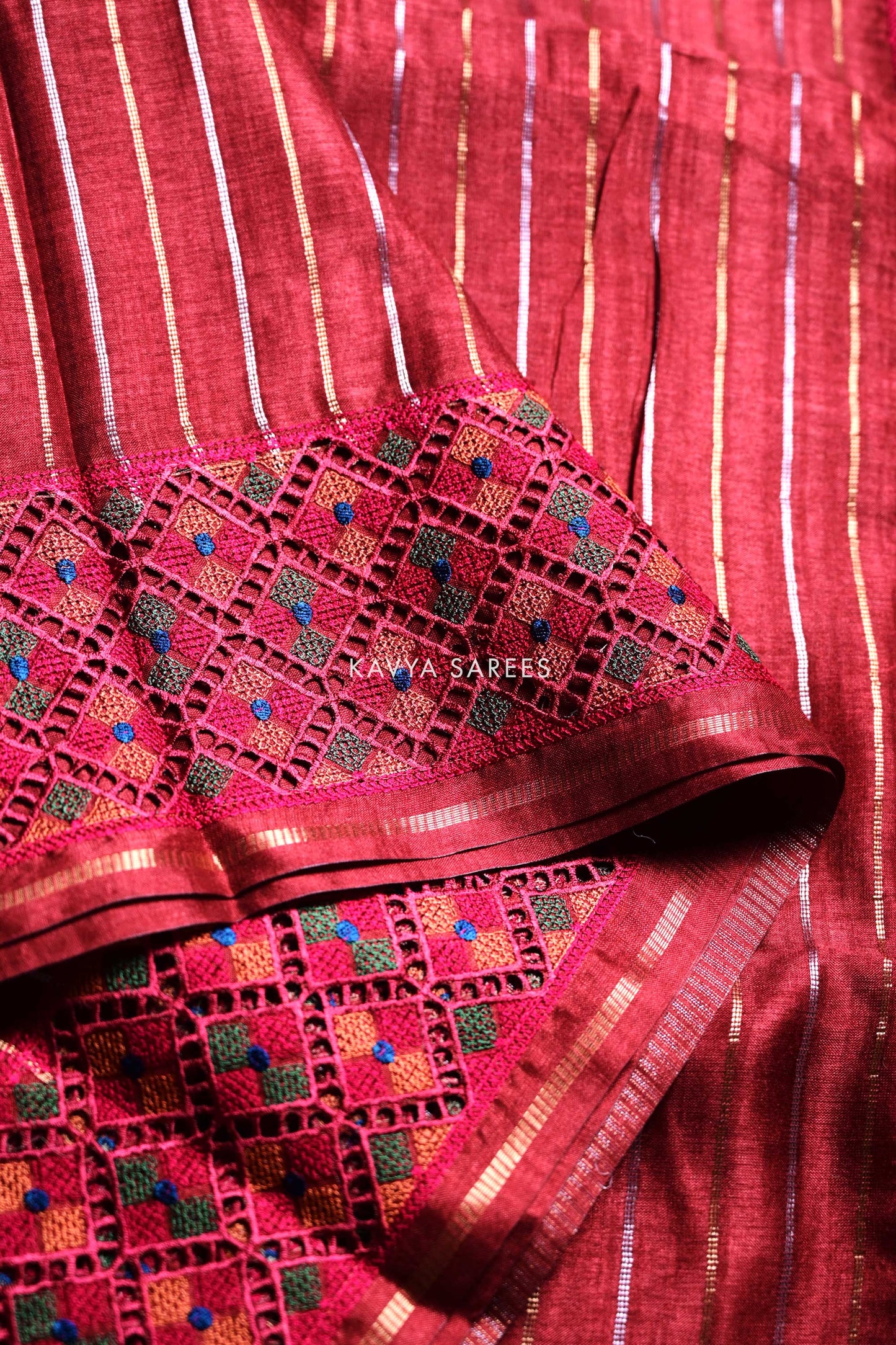 Maroon Striped Tussar Silk Saree with Handwoven Geometric Border