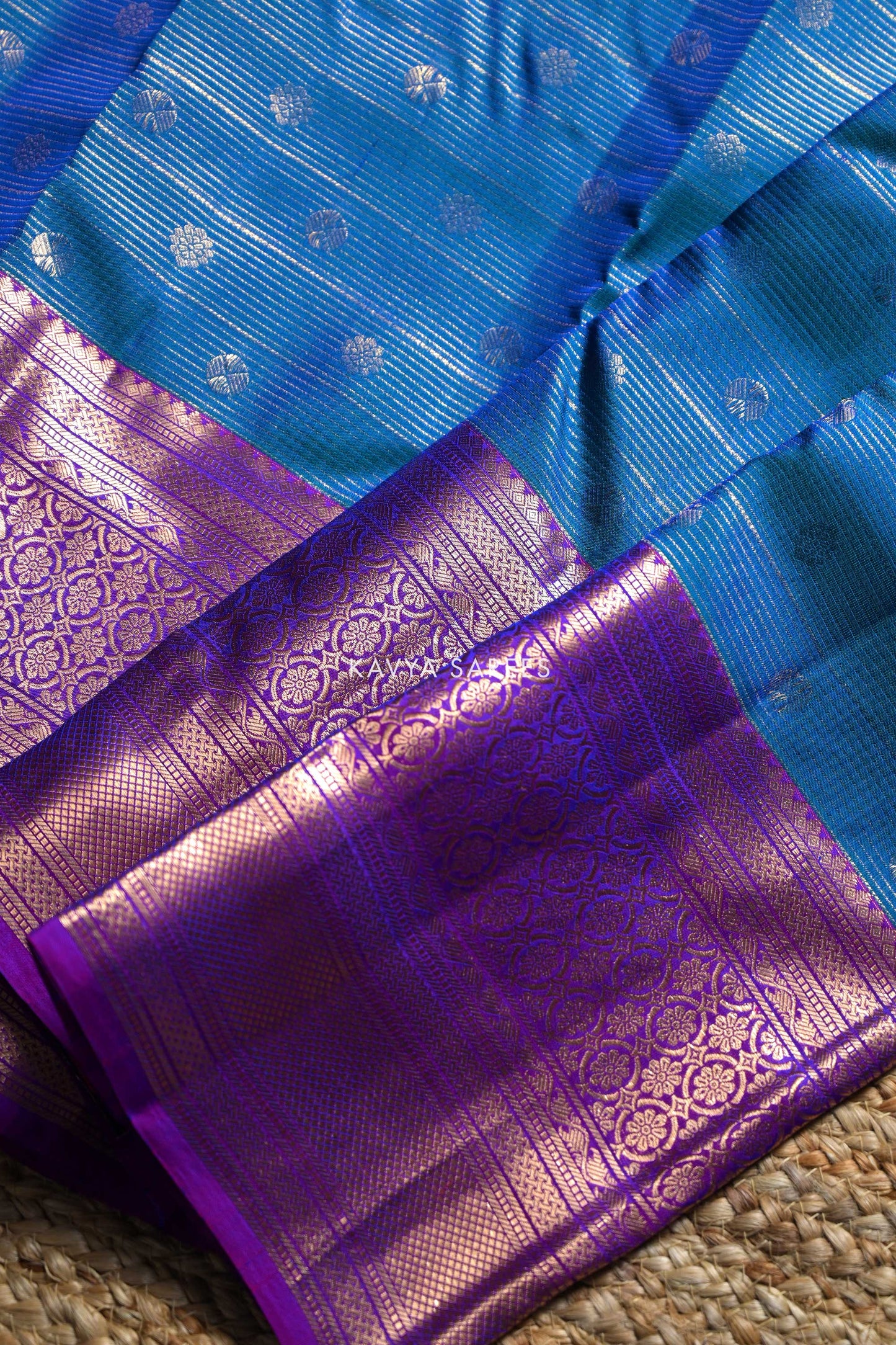 Peacock Blue & Royal Purple Kanchi Pattu Silk Saree with Rich Zari Border