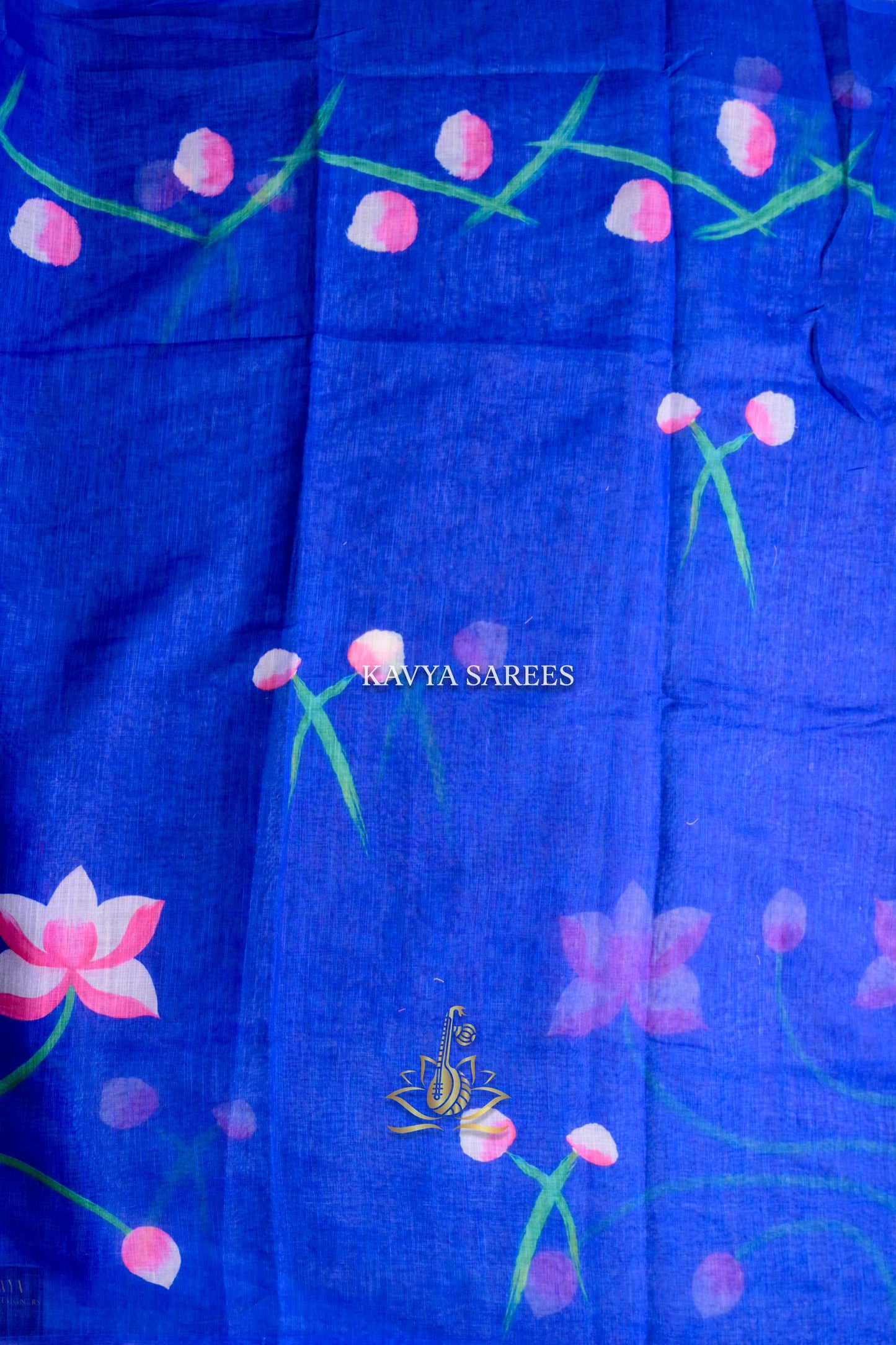 Royal Blue Kota Cotton Saree with Pink Floral Print