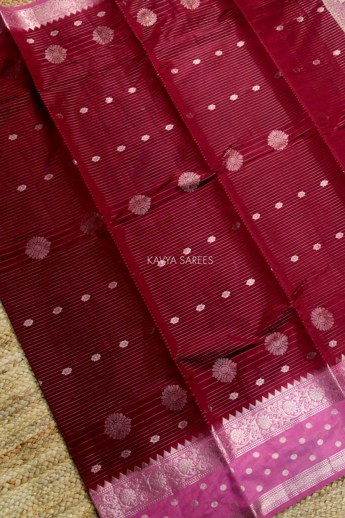 Maroon Semi Raw Silk Saree with Silver Floral Zari Motifs & Rich Border