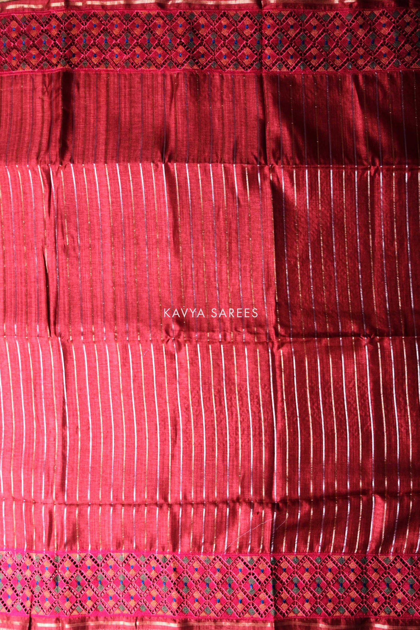Maroon Striped Tussar Silk Saree with Handwoven Geometric Border