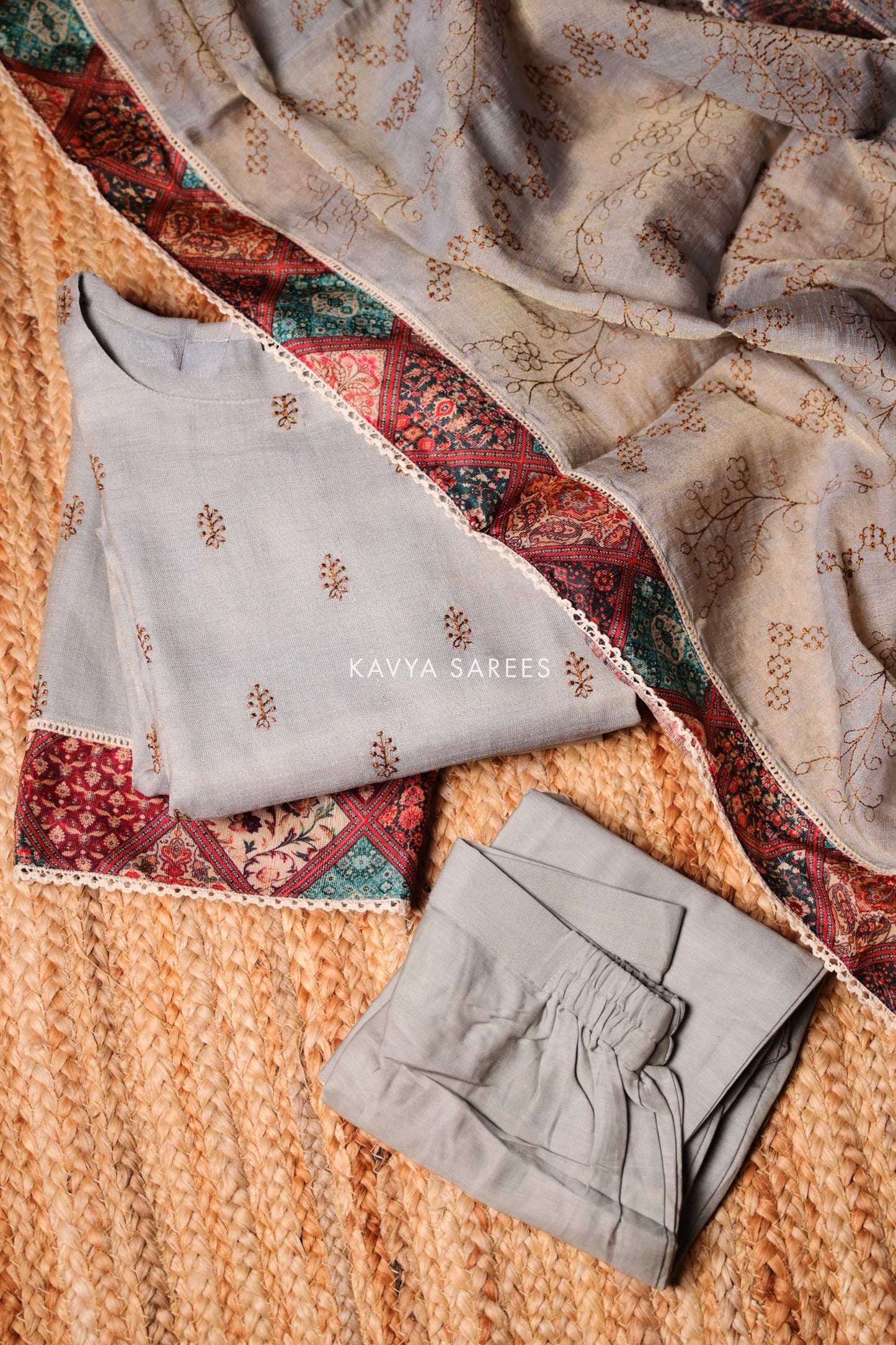 Elegant Grey Embroidered Kurti Set with Printed Dupatta