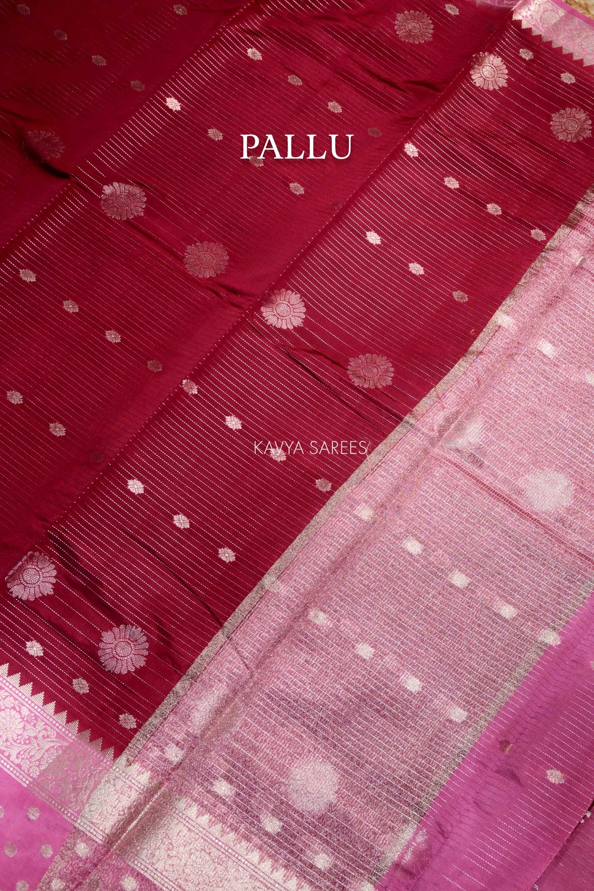 Maroon Semi Raw Silk Saree with Silver Floral Zari Motifs & Rich Border