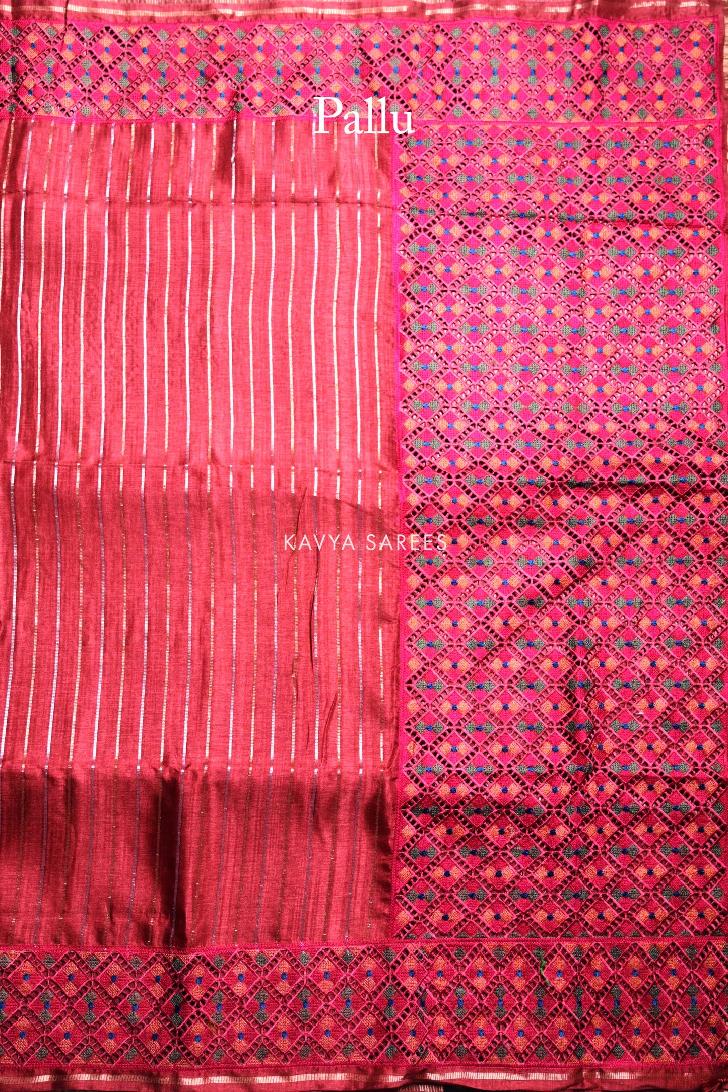 Maroon Striped Tussar Silk Saree with Handwoven Geometric Border