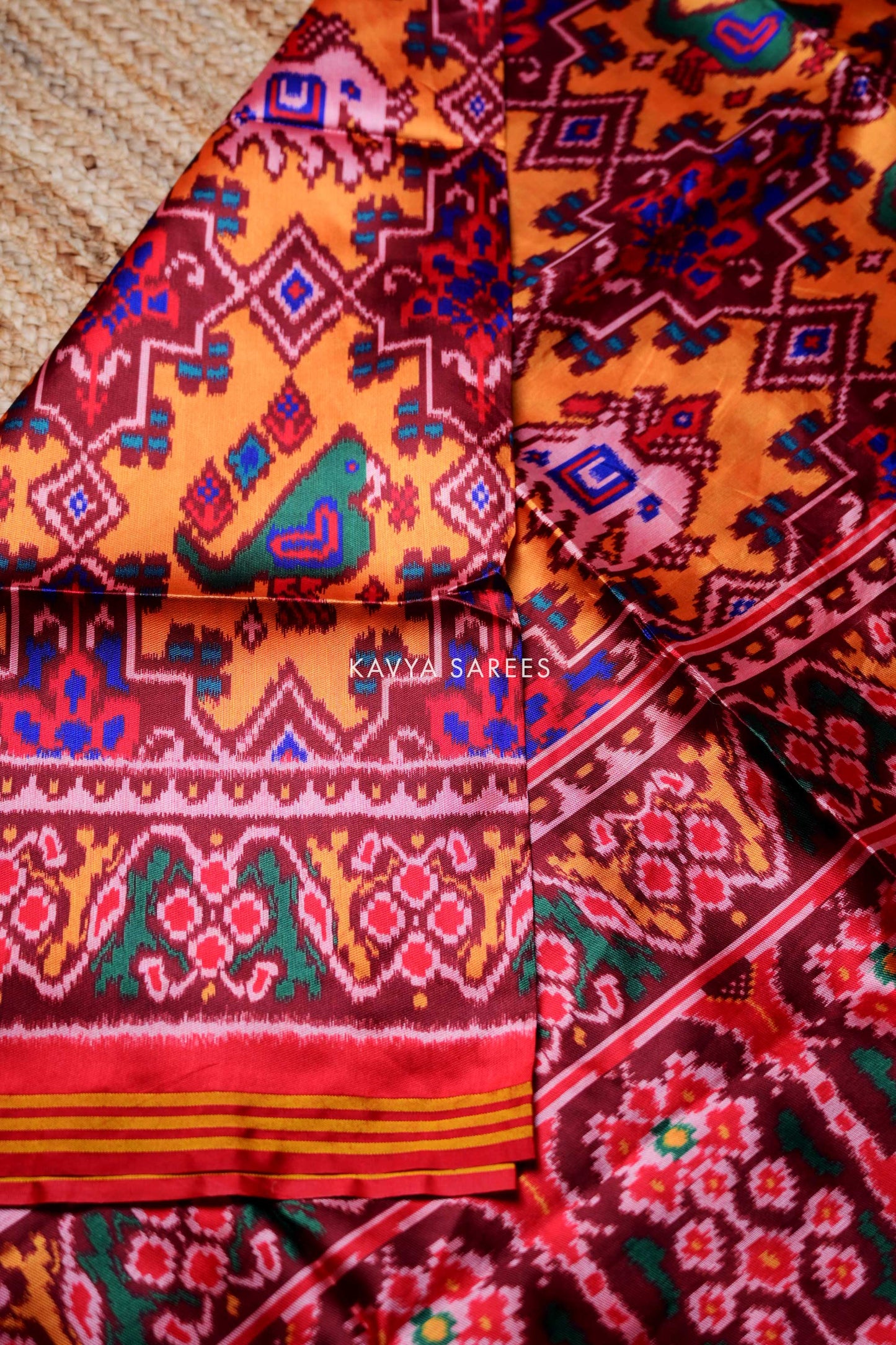 Mustard Yellow Traditional Patola Silk Saree with Elephant & Peacock Motifs