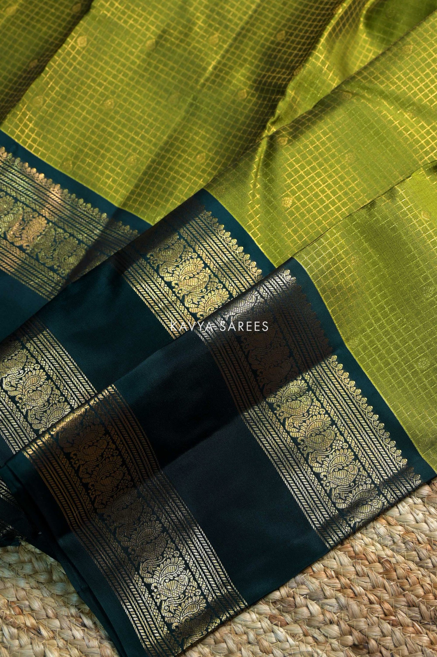 Olive Green & Bottle Green Kanchi Pattu Silk Saree with Classic Zari Border