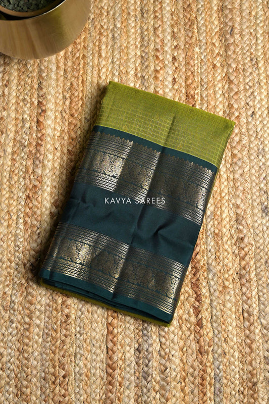 Olive Green & Bottle Green Kanchi Pattu Silk Saree with Classic Zari Border