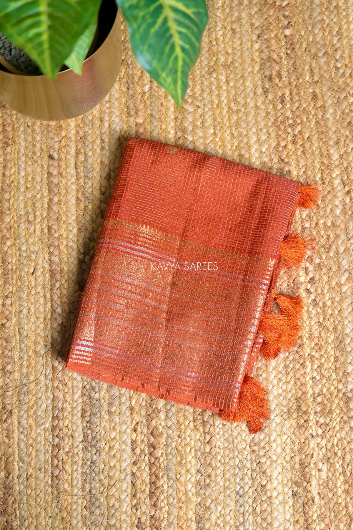 Burnt Orange Fancy Vintage Saree with Golden Zari Border & Butti