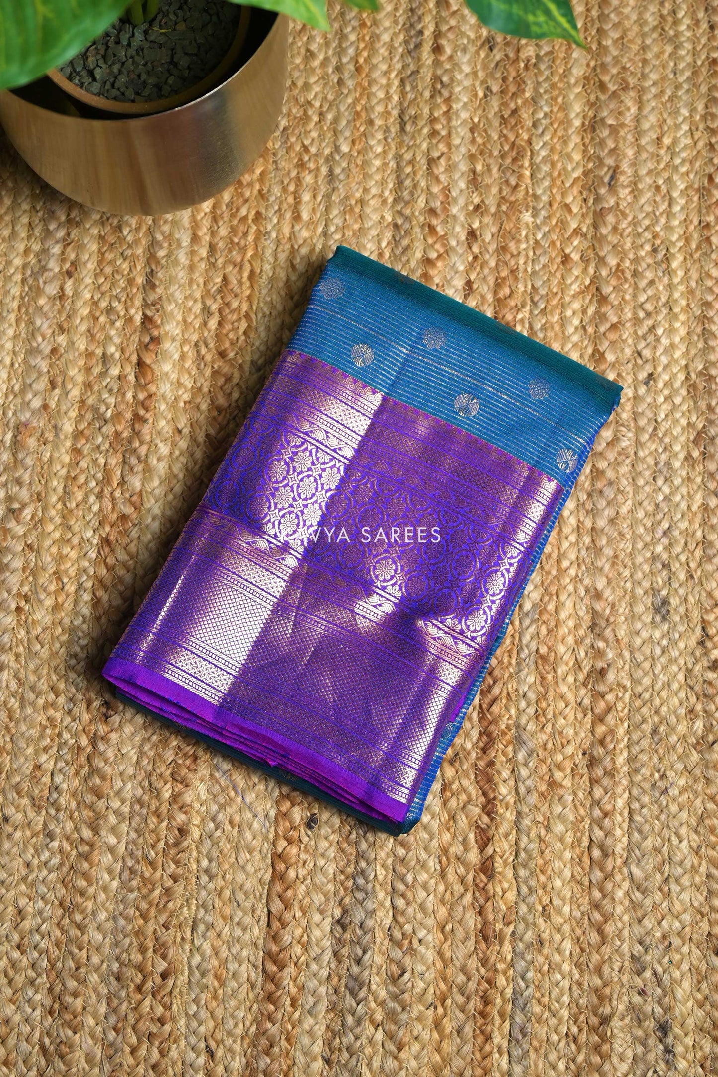 Peacock Blue & Royal Purple Kanchi Pattu Silk Saree with Rich Zari Border