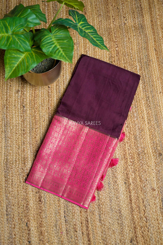Wine & Rani Pink Chinnon Silk Fancy Saree with Rich Zari Border