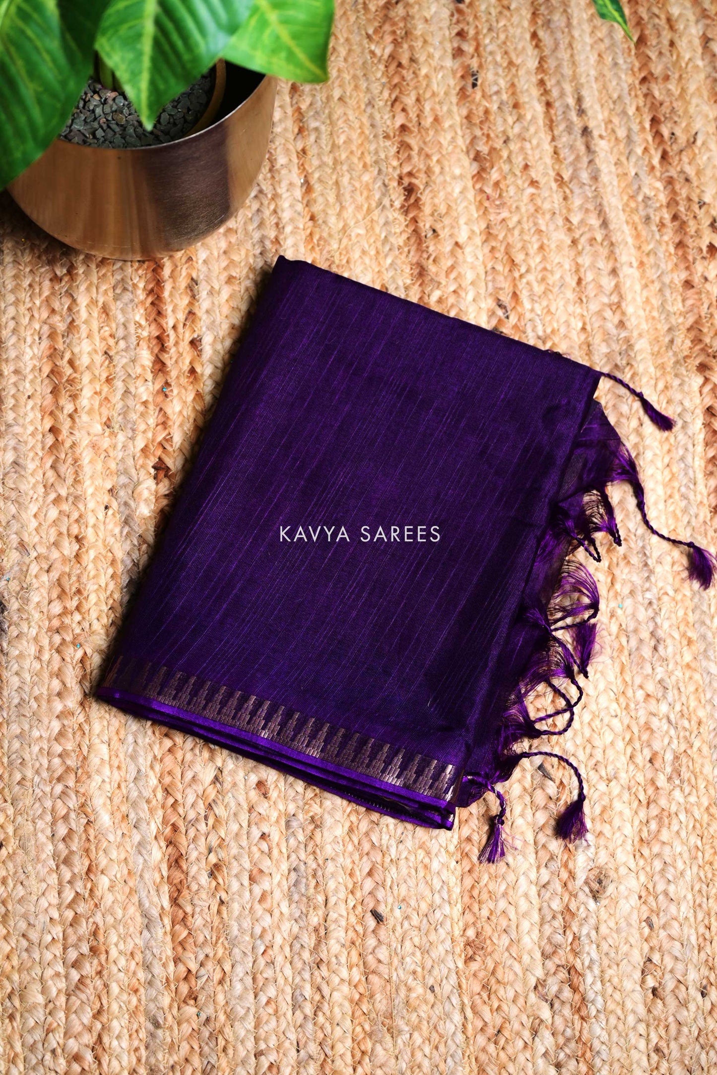 Royal Purple Plain Tussar Silk Saree with Elegant Zari Border
