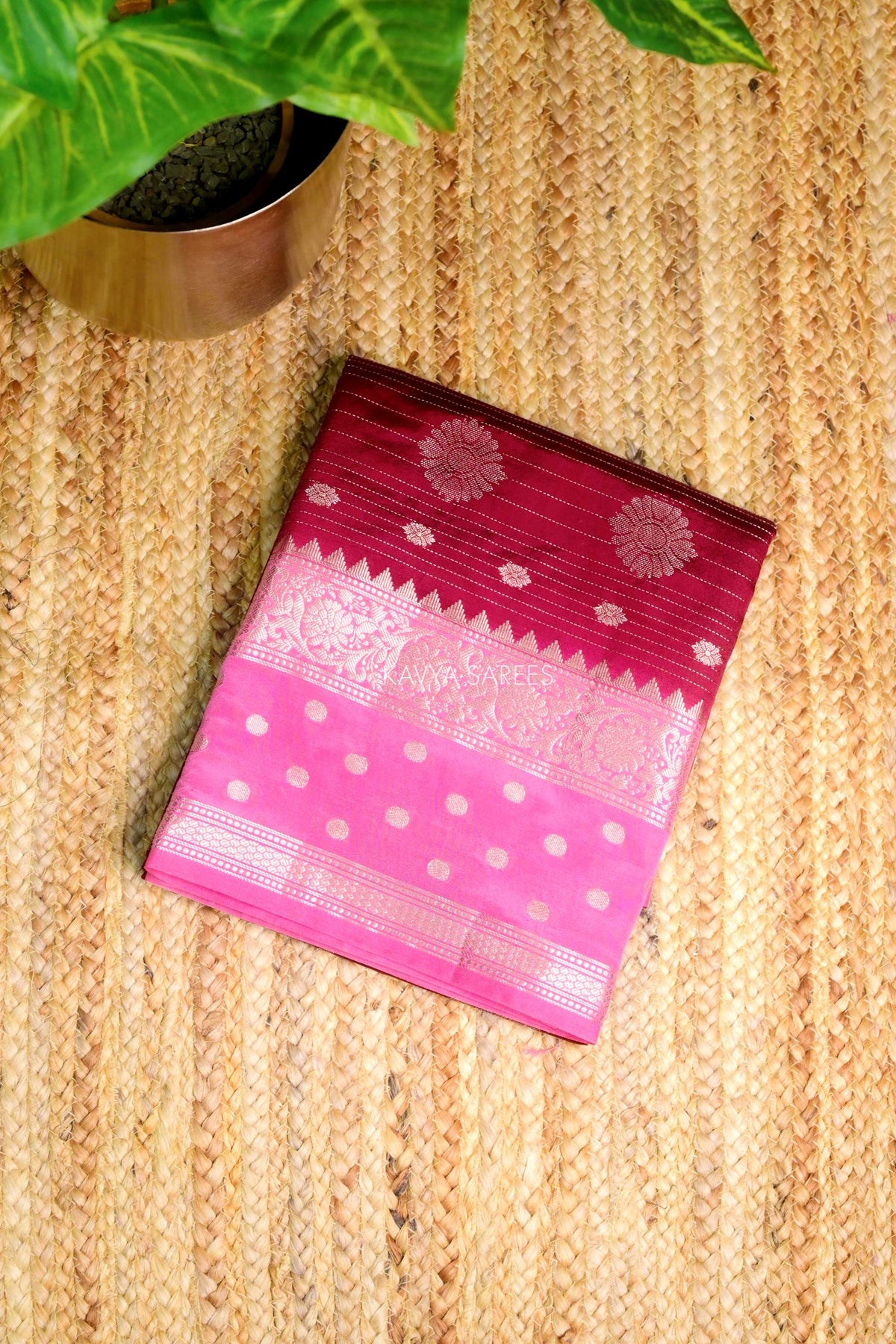 Maroon Semi Raw Silk Saree with Silver Floral Zari Motifs & Rich Border
