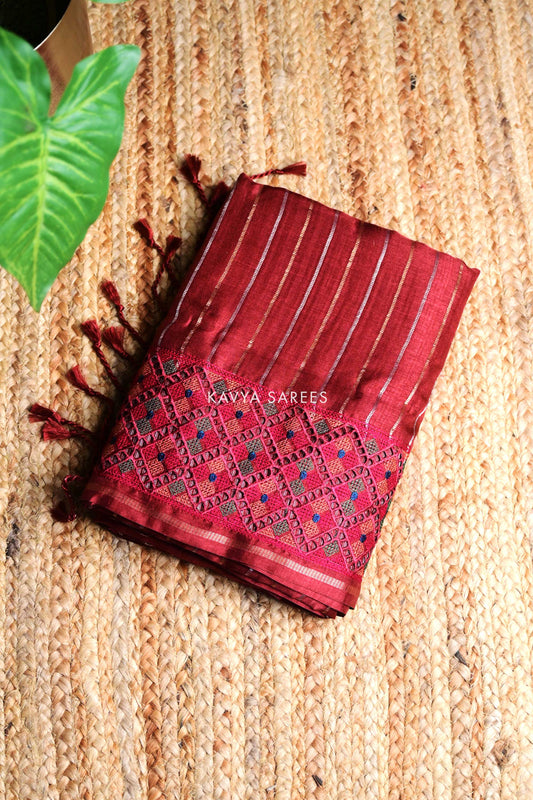 Maroon Striped Tussar Silk Saree with Handwoven Geometric Border