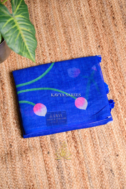 Royal Blue Kota Cotton Saree with Pink Floral Print