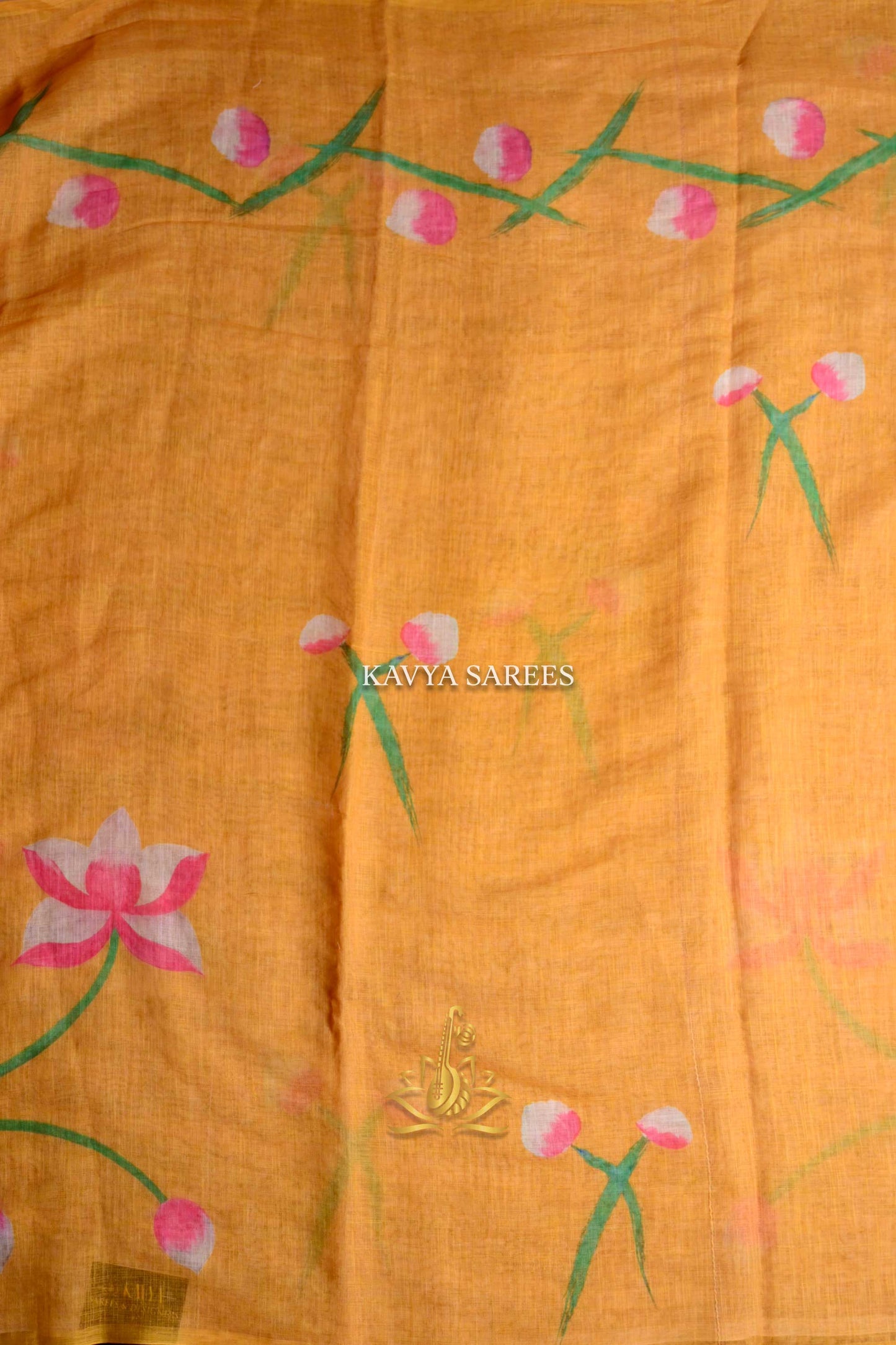 Sunshine Yellow Kota Cotton Saree with Blush Pink Floral Print