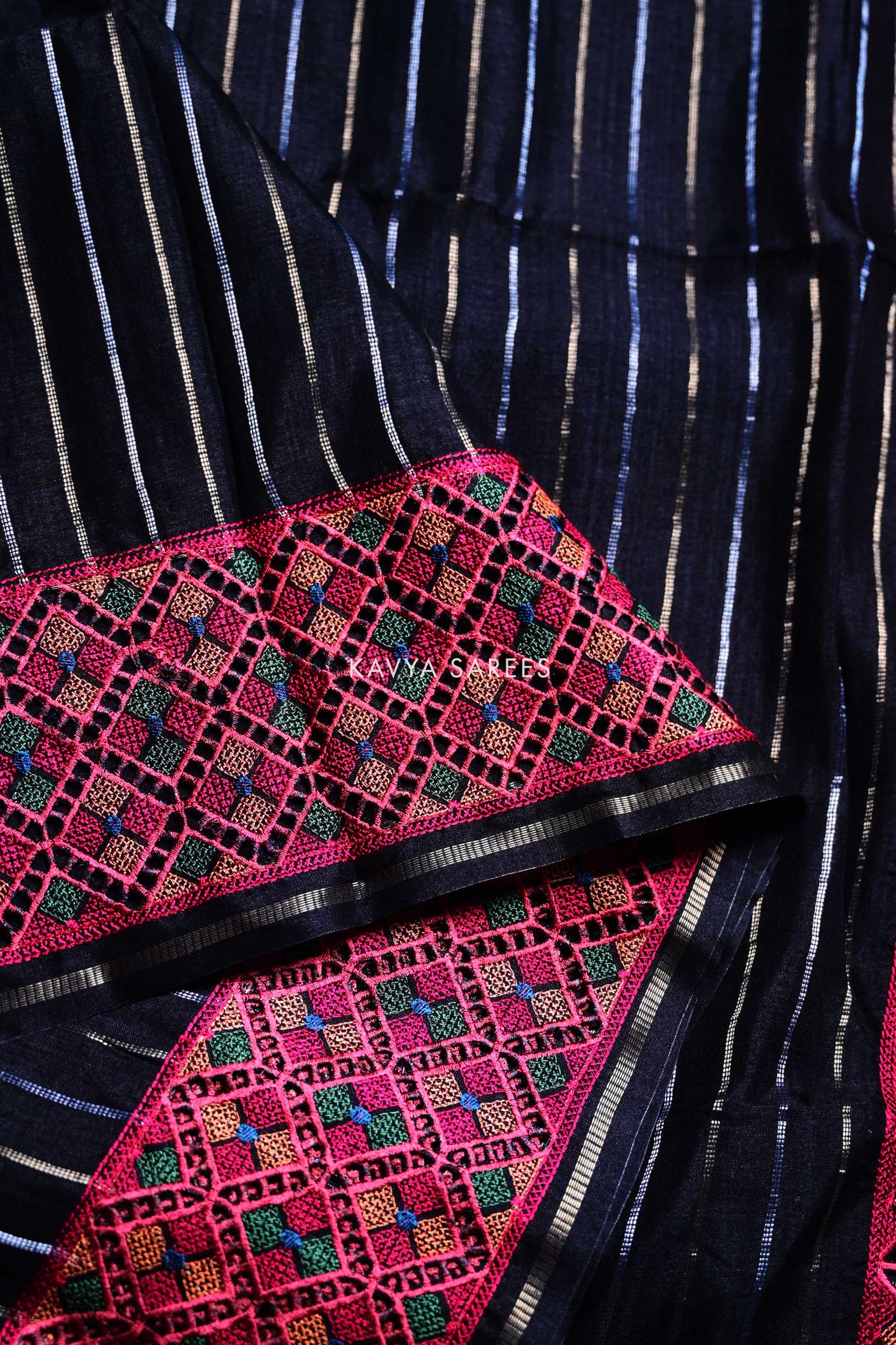 Black Tussar Silk Saree with Designer Pink Handloom Border