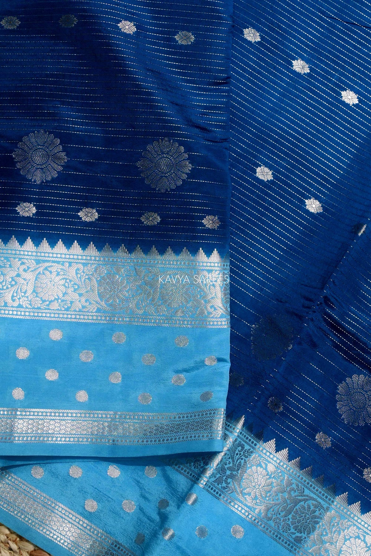 Royal Blue Semi Raw Silk Saree with Silver Floral Zari Motifs & Elegant Border