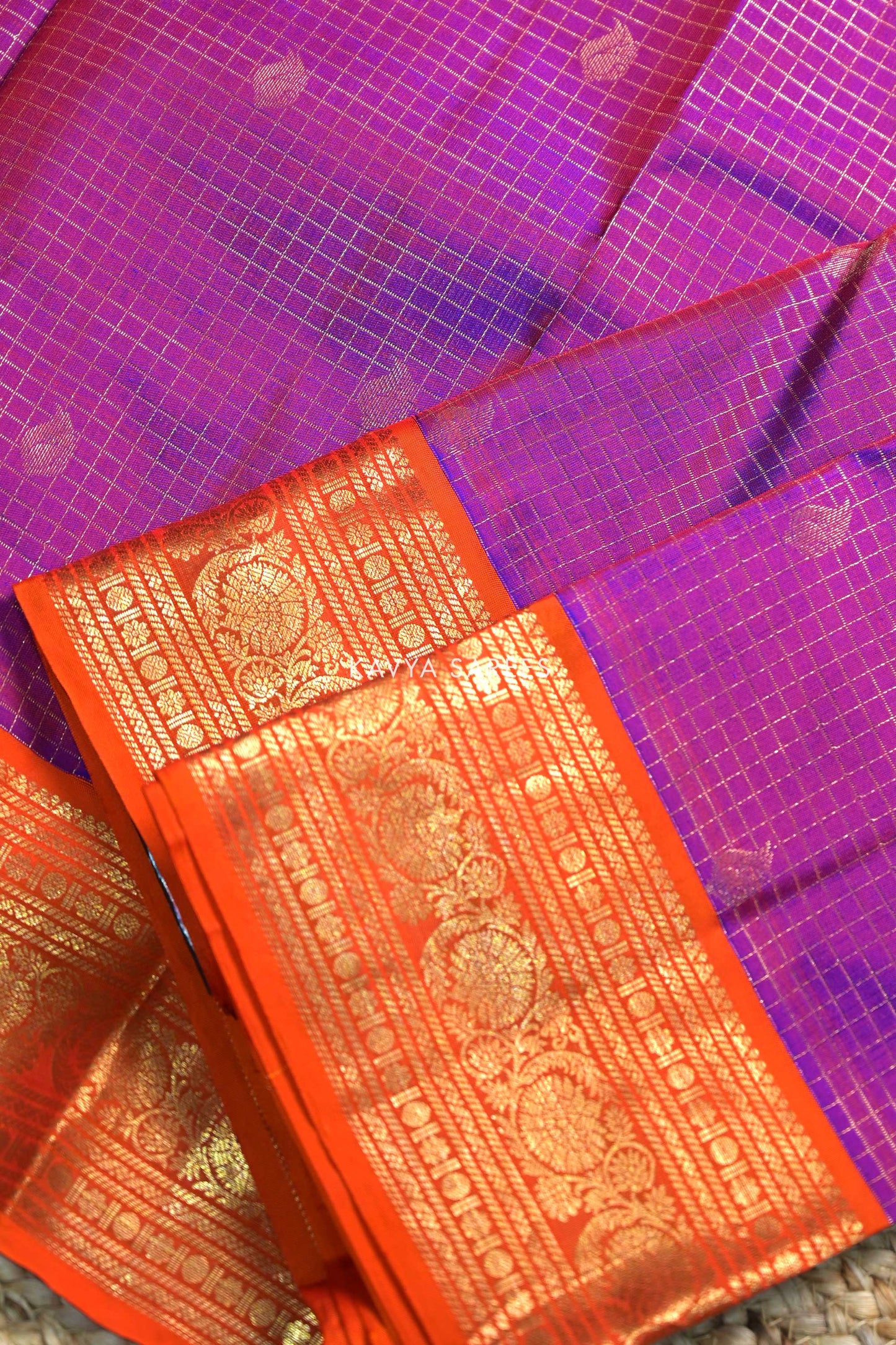 Royal Purple & Orange Kanchi Pattu Silk Saree with Traditional Zari Border