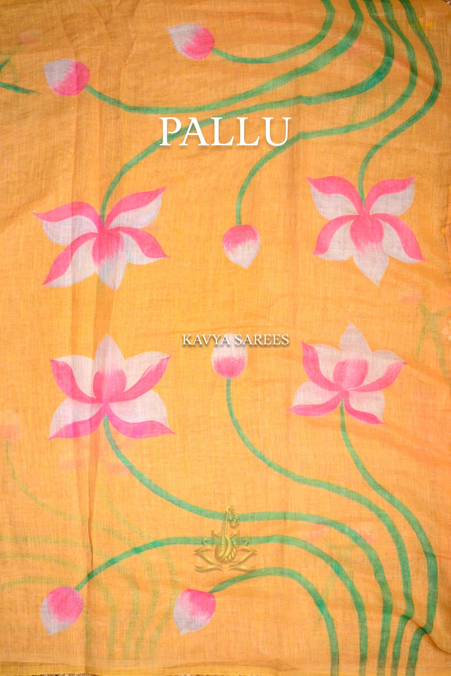 Sunshine Yellow Kota Cotton Saree with Blush Pink Floral Print