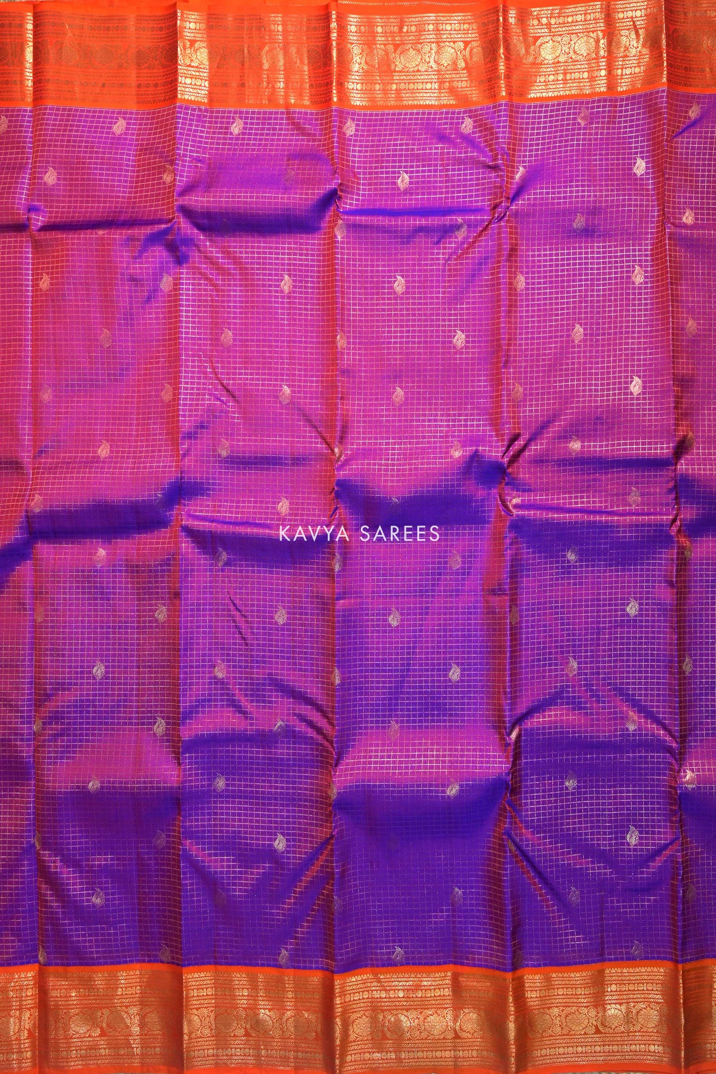 Royal Purple & Orange Kanchi Pattu Silk Saree with Traditional Zari Border