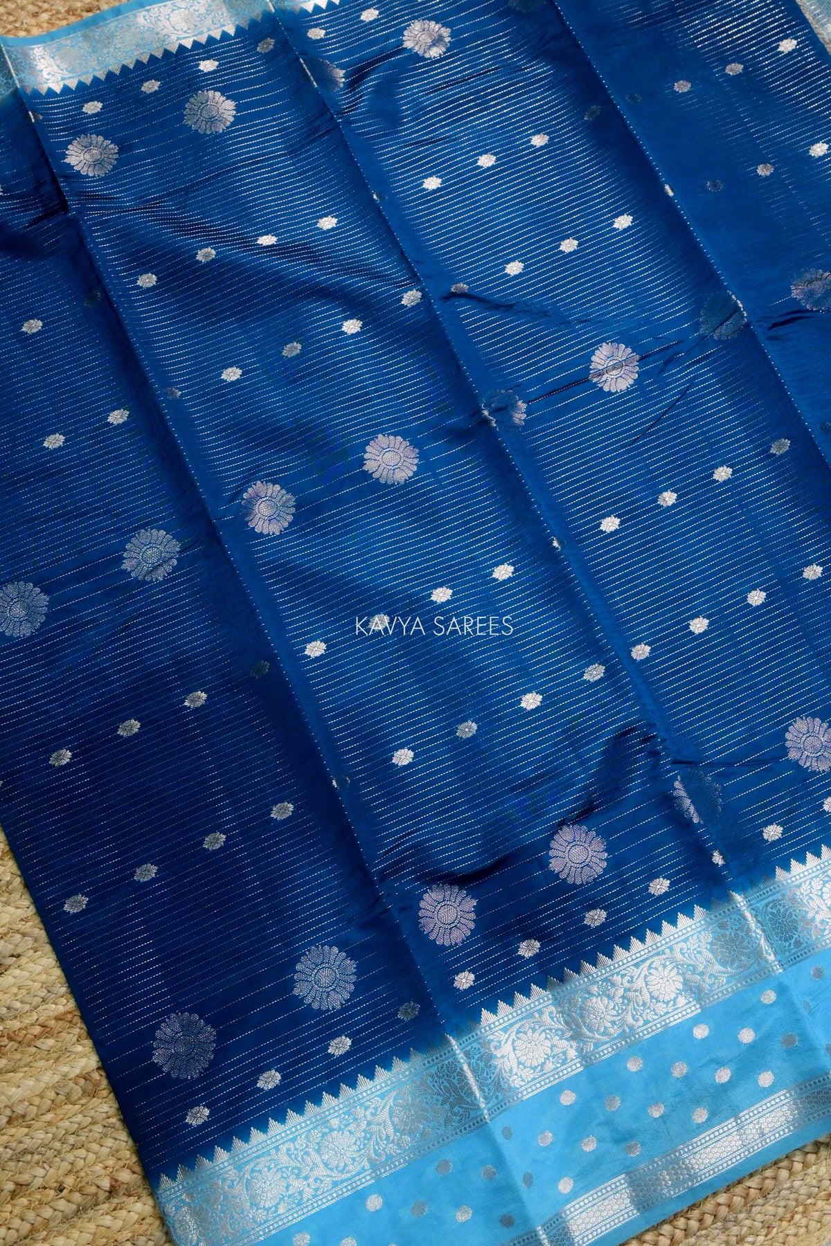 Royal Blue Semi Raw Silk Saree with Silver Floral Zari Motifs & Elegant Border
