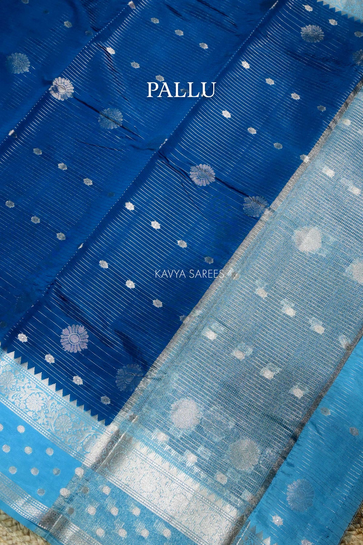 Royal Blue Semi Raw Silk Saree with Silver Floral Zari Motifs & Elegant Border