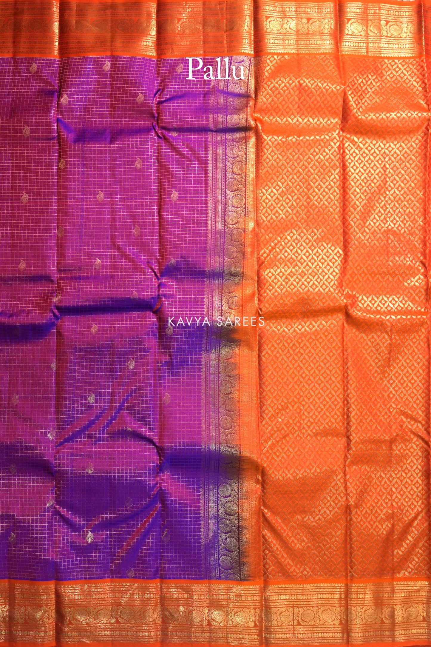 Royal Purple & Orange Kanchi Pattu Silk Saree with Traditional Zari Border