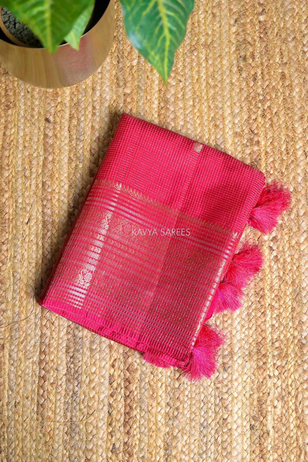 Bright Pink Fancy Vintage Saree with Golden Zari Border & Butti
