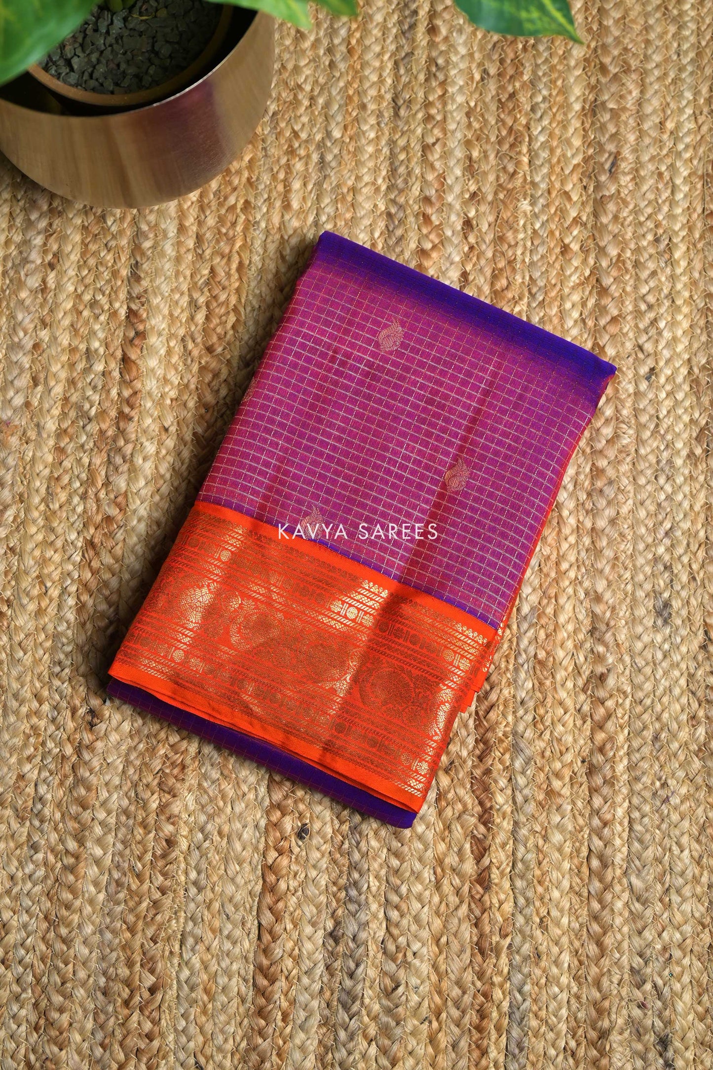 Royal Purple & Orange Kanchi Pattu Silk Saree with Traditional Zari Border