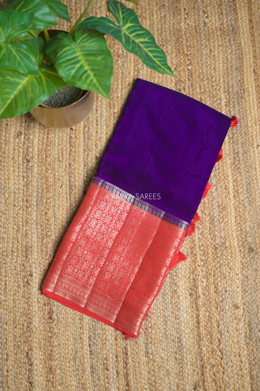 Royal Purple & Coral Red Chinnon Silk Fancy Saree with Zari Border