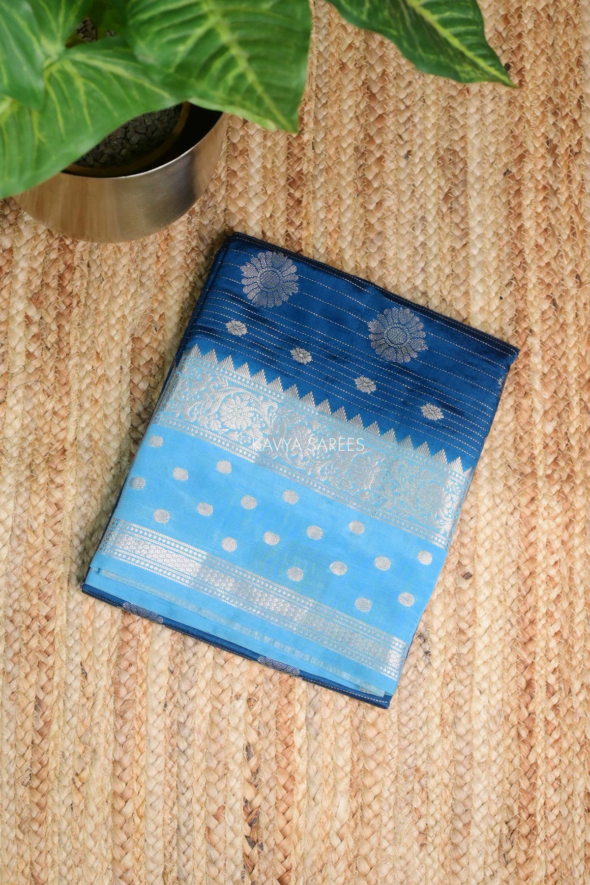 Royal Blue Semi Raw Silk Saree with Silver Floral Zari Motifs & Elegant Border