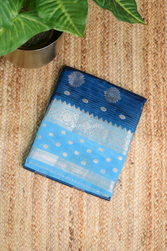 Royal Blue Semi Raw Silk Saree with Silver Floral Zari Motifs & Elegant Border