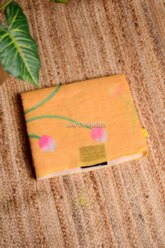 Sunshine Yellow Kota Cotton Saree with Blush Pink Floral Print
