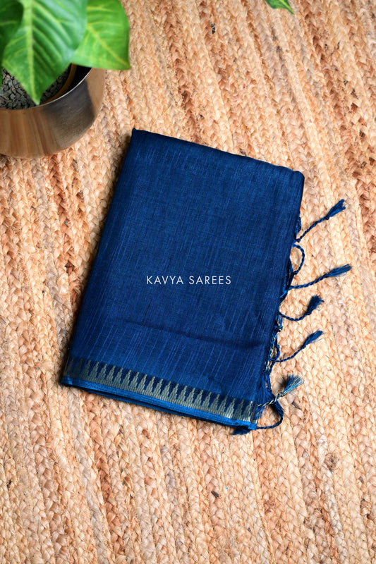 Classic Navy Blue Plain Tussar Silk Saree with Zari Border