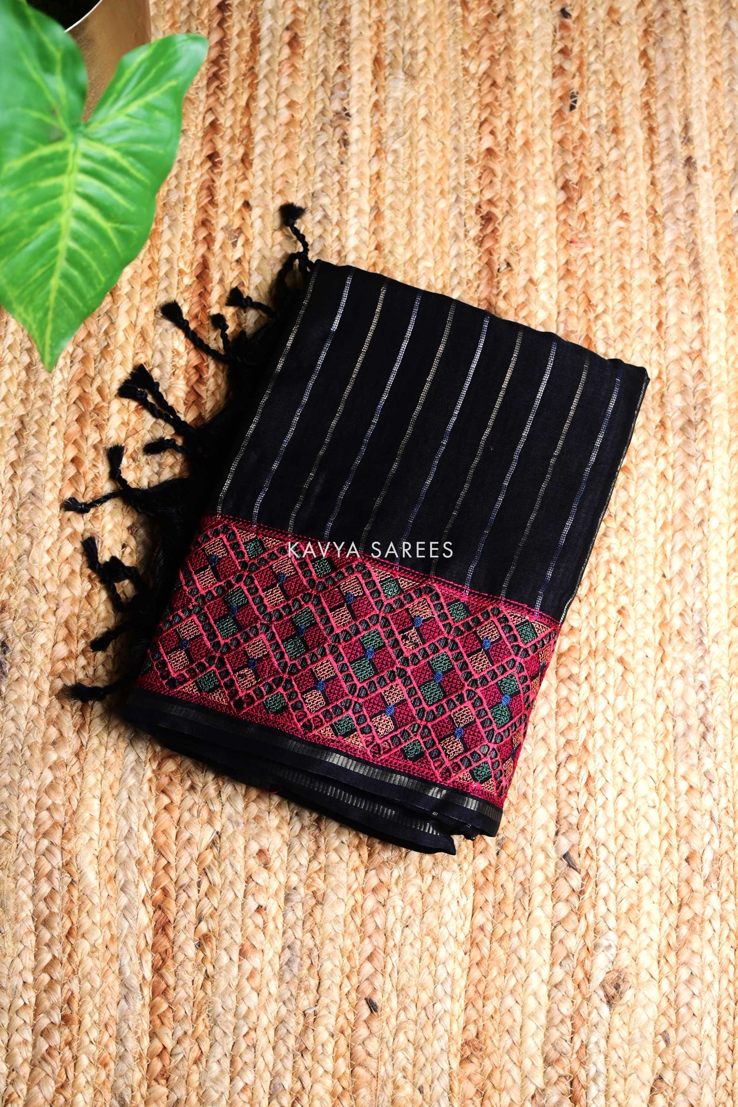 Black Tussar Silk Saree with Designer Pink Handloom Border