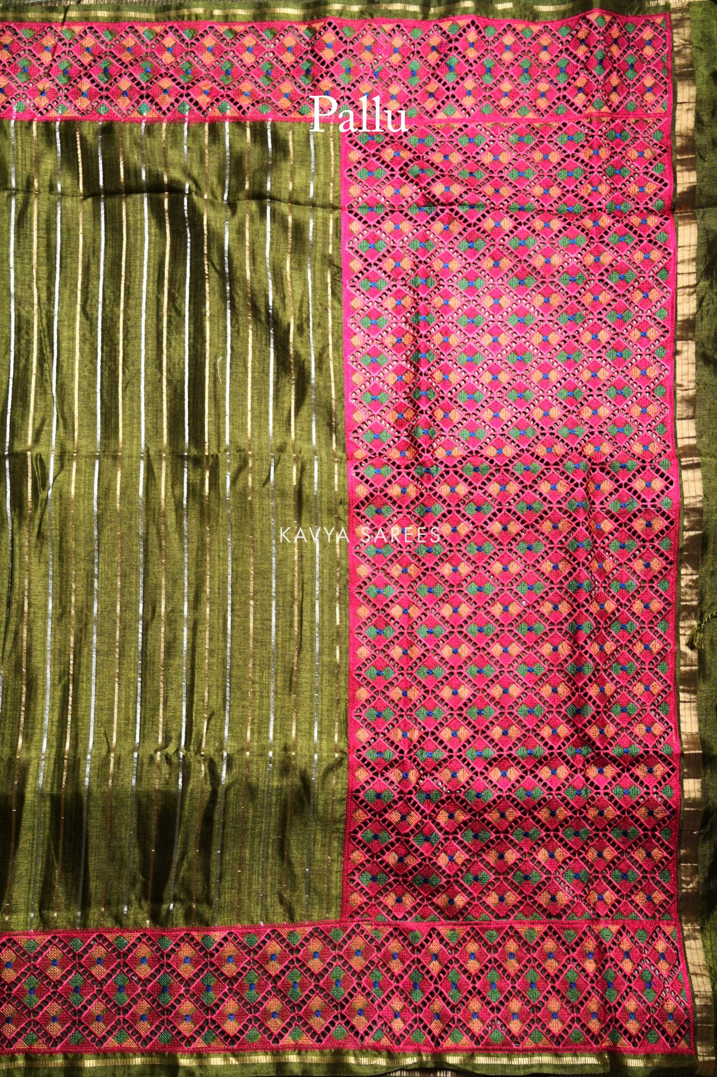 Olive Green Tussar Silk Saree with Artisan Woven Contrast Border