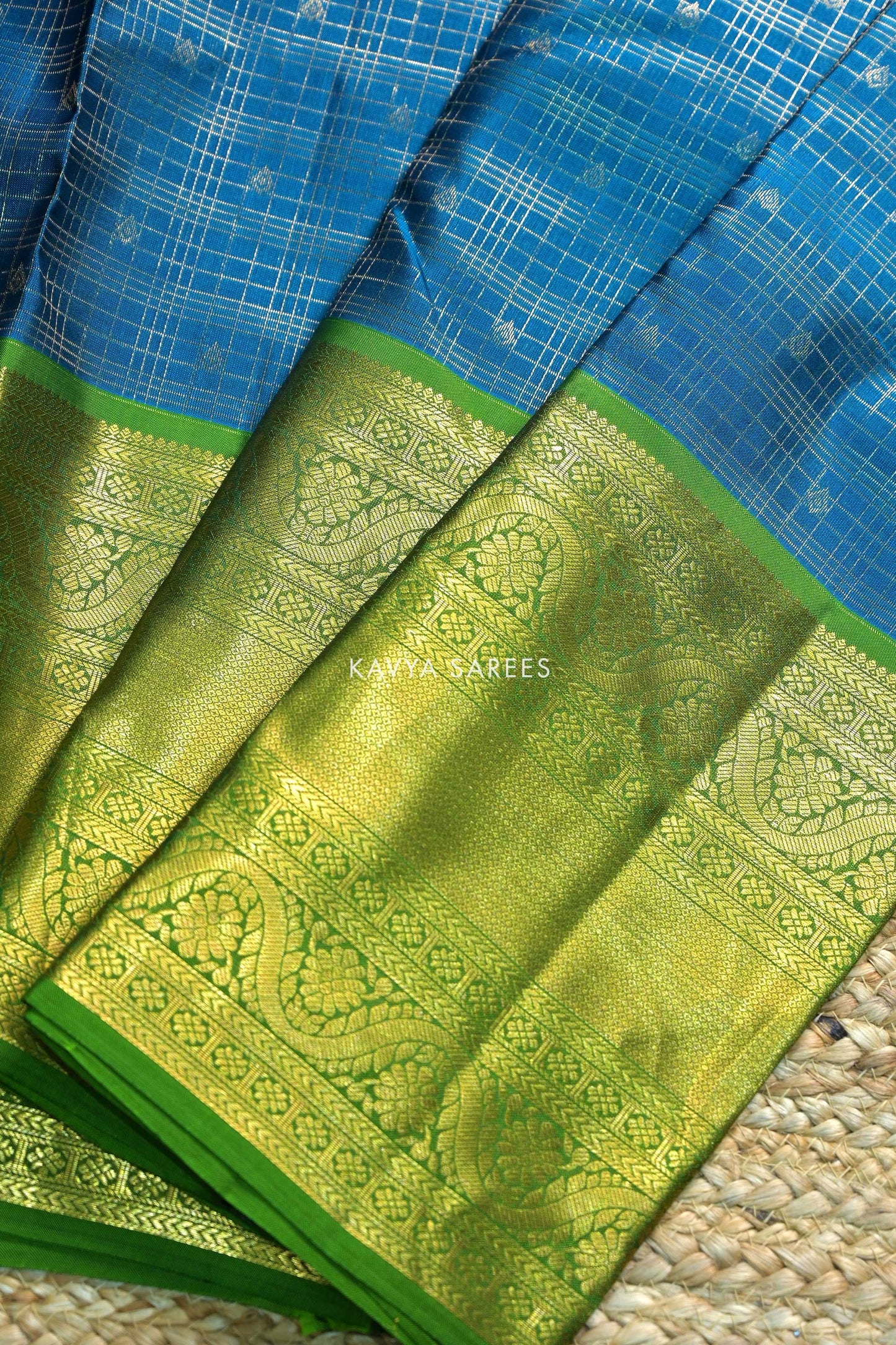 Peacock Blue & Olive Green Kanchi Pattu Silk Saree with Temple Zari Border