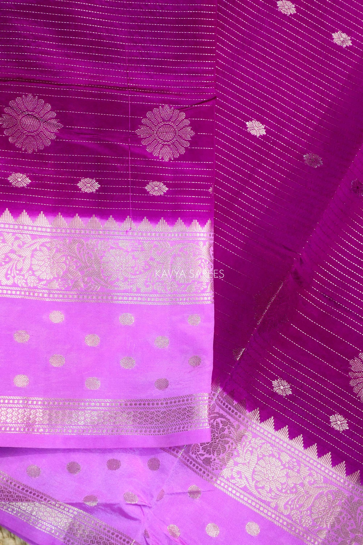 Magenta Semi Raw Silk Saree with Silver Floral Zari Motifs & Rich Zari Border