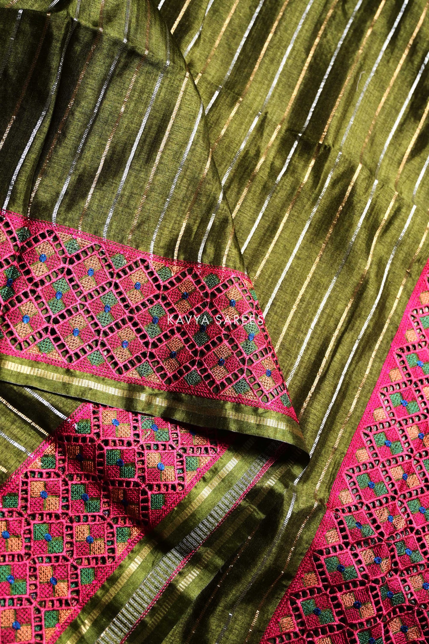Olive Green Tussar Silk Saree with Artisan Woven Contrast Border