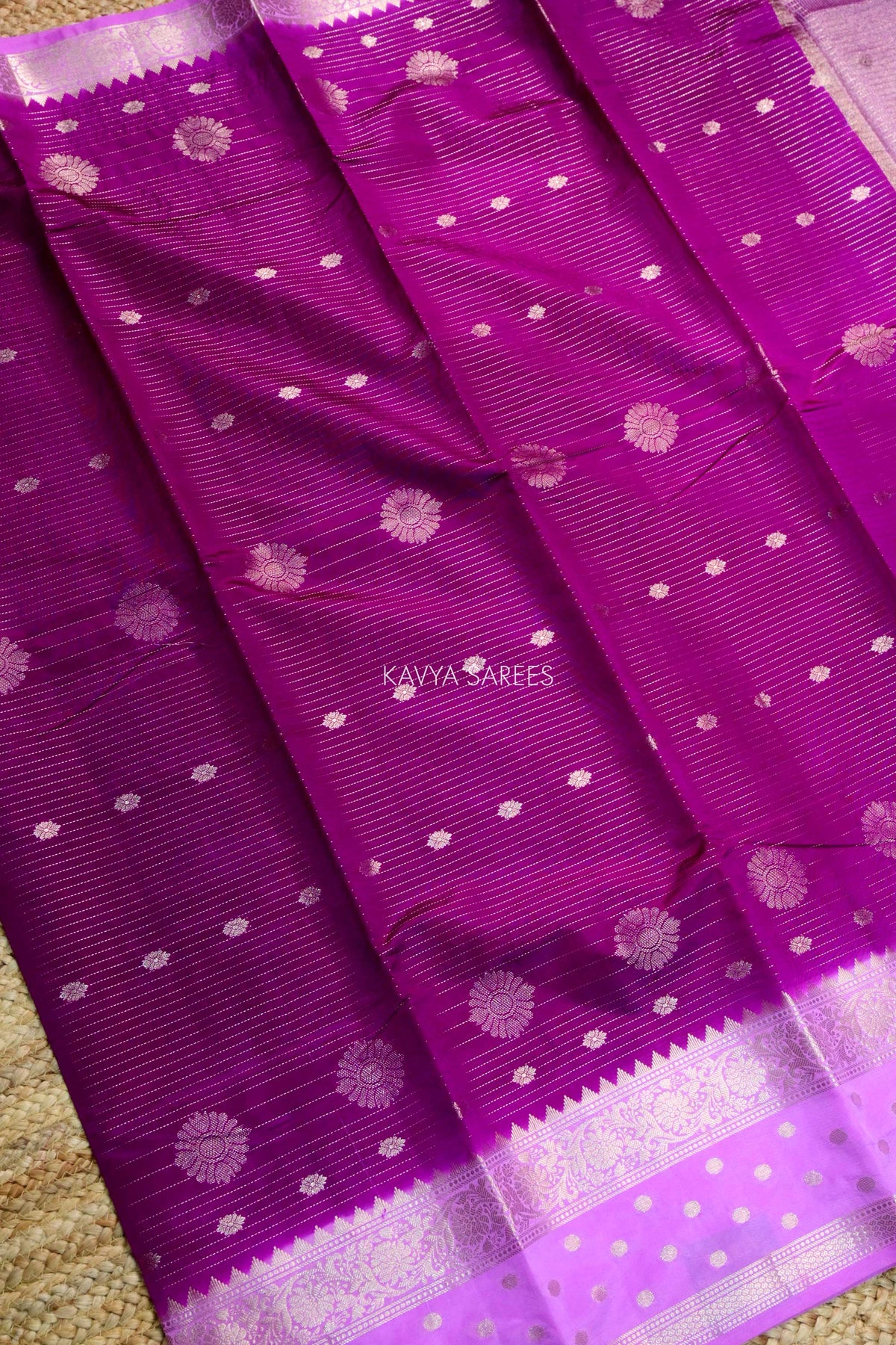 Magenta Semi Raw Silk Saree with Silver Floral Zari Motifs & Rich Zari Border