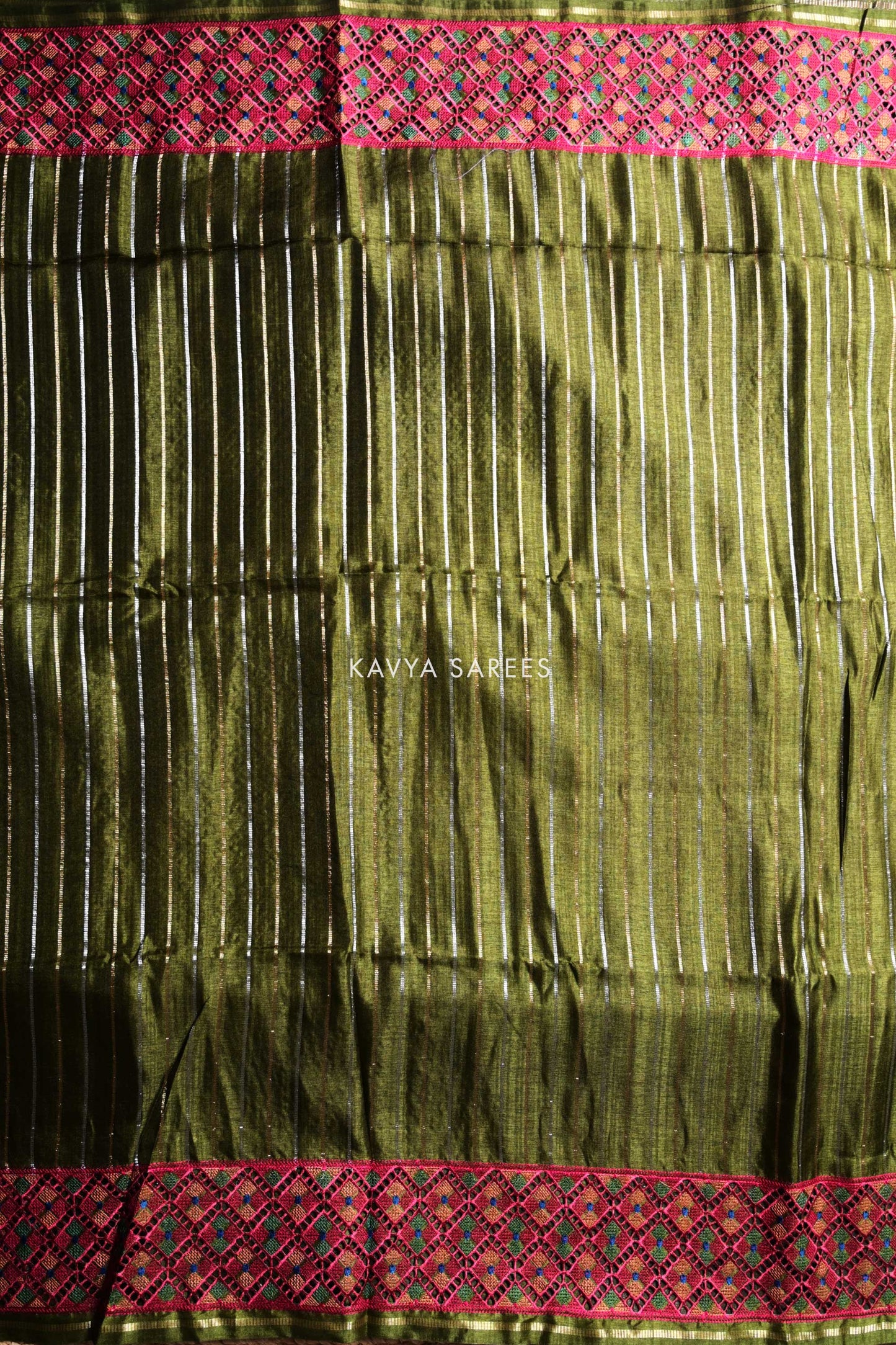 Olive Green Tussar Silk Saree with Artisan Woven Contrast Border