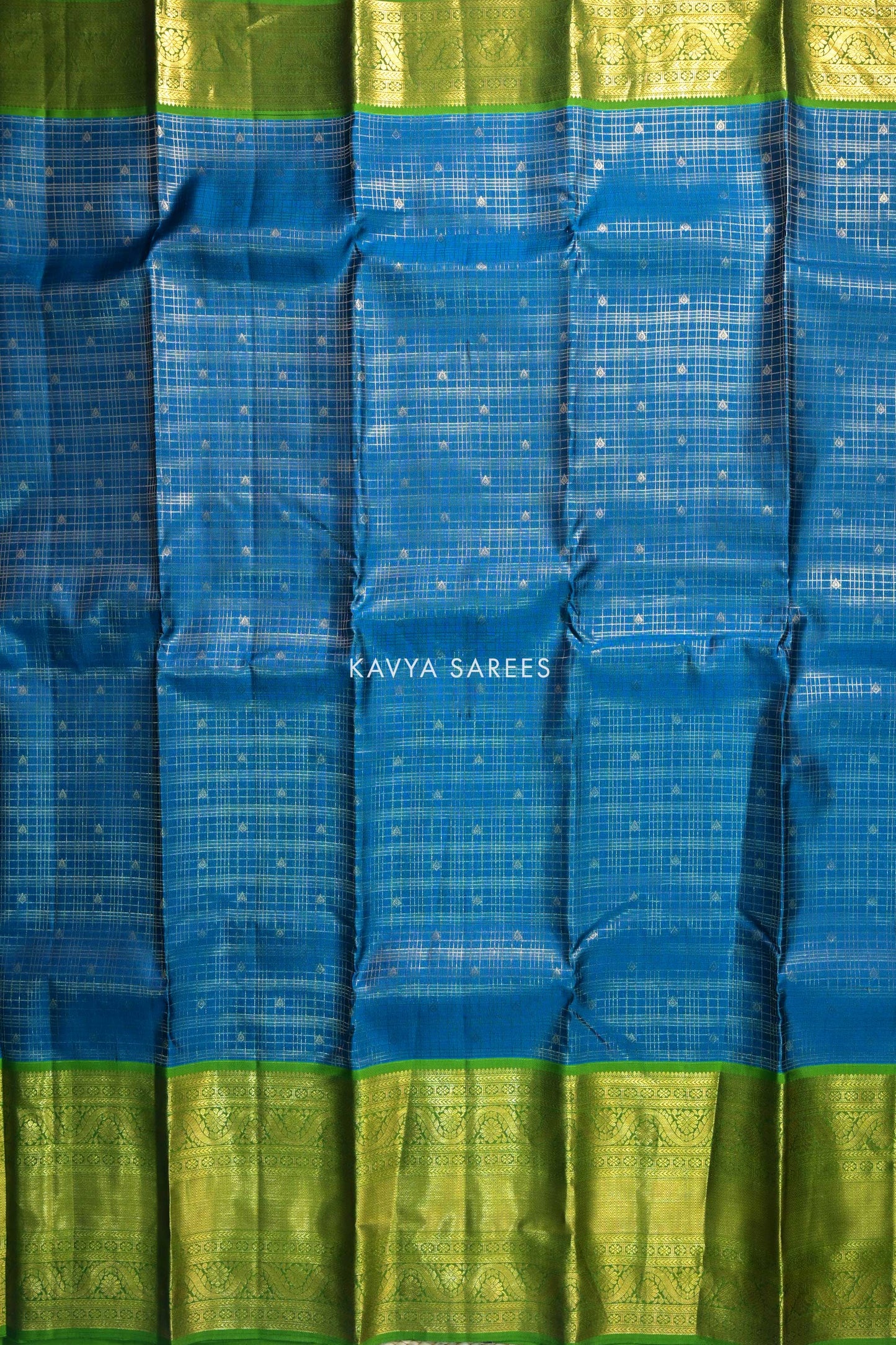 Peacock Blue & Olive Green Kanchi Pattu Silk Saree with Temple Zari Border
