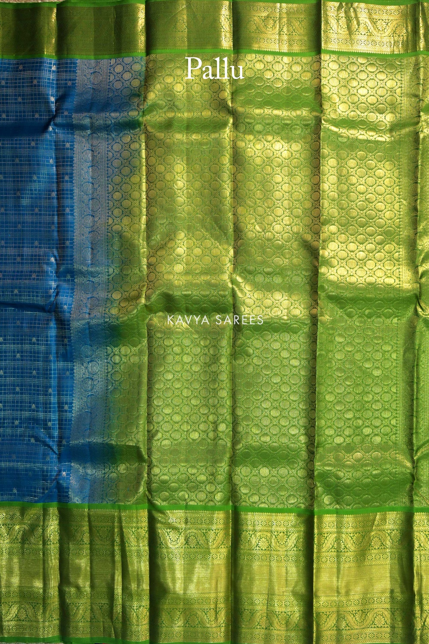 Peacock Blue & Olive Green Kanchi Pattu Silk Saree with Temple Zari Border