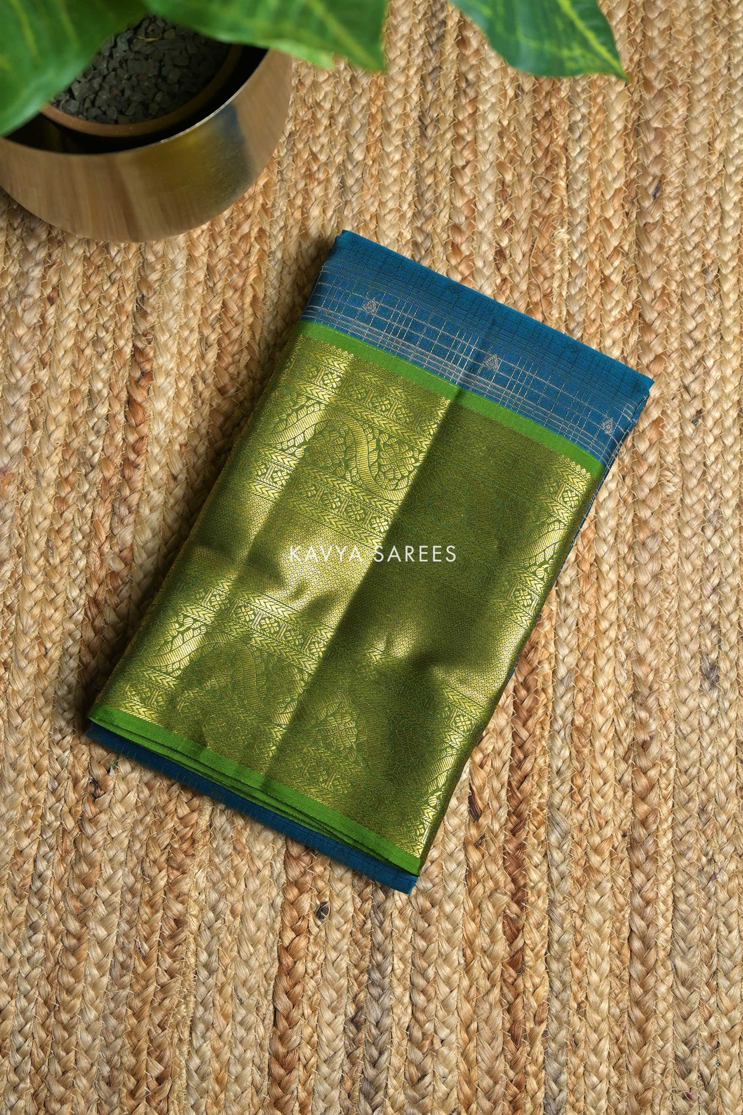 Peacock Blue & Olive Green Kanchi Pattu Silk Saree with Temple Zari Border