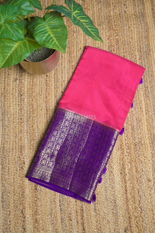 Bright Pink & Purple Chinnon Silk Fancy Saree with Elegant Zari Border