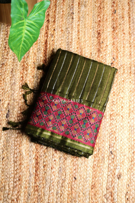 Olive Green Tussar Silk Saree with Artisan Woven Contrast Border